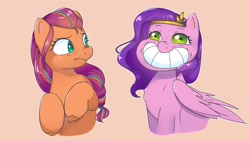 Size: 2154x1212 | Tagged: safe, artist:ponchik_art, pipp petals, sunny starscout, earth pony, pegasus, pony, g5, my little pony: tell your tale, bean mouth, calarts, concerned, creepy, creepy smile, duo, faic, grinning potato, mane stripe sunny, meme, sarcasm, simple background, smiling