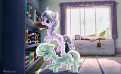 Size: 2332x1440 | Tagged: safe, artist:robin jacks, diamond tiara, silver spoon, earth pony, pony, g4, bedroom, book, bookshelf, duo, duo female, eyes closed, female, filly, floppy ears, foal, glasses, jewelry, mouth hold, necklace, signature, tiara, unshorn fetlocks, window