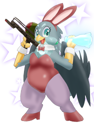 Size: 1200x1600 | Tagged: safe, artist:kushina13, gabby, griffon, semi-anthro, g4, atomic bomb, bipedal, bottle, bowtie, bunny ears, bunny suit, chubby, clothes, drink, fat man, female, looking at you, nuclear weapon, nuka cola, simple background, solo, stars, transparent background, weapon