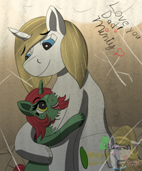 Size: 1000x1200 | Tagged: safe, artist:gray star, derpibooru exclusive, oc, oc only, oc:father bright, oc:minty shine (graystar), pony, unicorn, fallout equestria, fallout equestria: all things unequal, fallout equestria:all things unequal (pathfinder), father and child, father and daughter, female, filly, foal, happy, hug, male, nuzzling, smiling, stallion