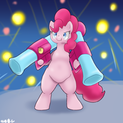 Size: 1000x1000 | Tagged: safe, artist:kushina13, pinkie pie, earth pony, pony, semi-anthro, g4, the ending of the end, arm hooves, bipedal, female, japanese, mare, rocket launcher, sharp teeth, solo, teeth, weapon