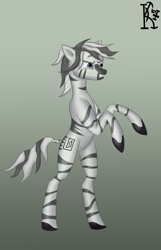 Size: 1740x2700 | Tagged: safe, alternate version, artist:kirov, oc, oc only, zebra, angry, bipedal, blue eyes, eyebrows, female, gradient background, gritted teeth, solo, standing, standing on two hooves, stripes