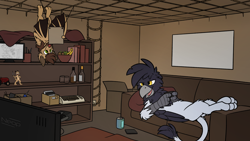 Size: 4800x2700 | Tagged: safe, artist:moemneop, oc, oc only, oc:neop, oc:skraww, bat, griffon, banana, book, bookshelf, bottle, box, commodore 64, controller, couch, food, grapes, ladder, male, television, tractor, upside down