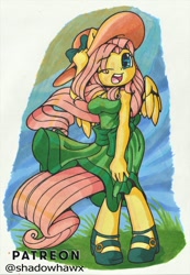 Size: 832x1200 | Tagged: safe, artist:shadowhawx, fluttershy, pegasus, anthro, g4, breasts, busty fluttershy, clothes, cute, dress, female, hat, looking at you, one eye closed, open mouth, open smile, sandals, shyabetes, smiling, solo, sun hat, traditional art, wind