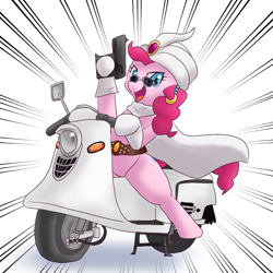 Size: 1000x1000 | Tagged: safe, artist:kushina13, pinkie pie, earth pony, semi-anthro, g4, arm hooves, belt, clothes, ear piercing, earring, female, fuji rabbit, glasses, gun, hat, jewelry, mare, motor scooter, piercing, scooter, solo, weapon