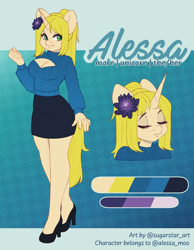 Size: 2302x2969 | Tagged: safe, artist:sugarstar, oc, oc only, oc:alessa, unicorn, anthro, boob window, clothes, flower, flower in hair, high heels, high res, reference sheet, shoes, skirt, sweater, tube skirt