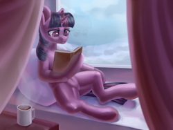 Size: 4000x3000 | Tagged: safe, artist:falses, twilight sparkle, unicorn, semi-anthro, g4, arm hooves, belly, belly button, book, cloud, coffee, complex background, cup, curtains, cute, day, digital art, eyes open, female, high res, horn, legs, mare, paper, pillow, reading, reflection, shading, sky, snow, solo, steam, table, thighs, unicorn twilight, window, windowsill, winter