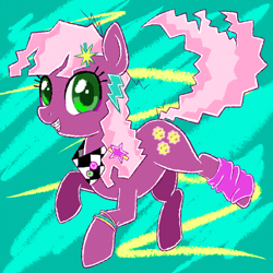 Size: 800x800 | Tagged: safe, artist:lourita-shine, cheerilee, earth pony, pony, g4, 80s, 80s cheerilee, bracelet, braces, cheeribetes, clothes, colored pupils, cute, eyelashes, female, green eyes, grin, hairclip, jewelry, leg warmers, looking at you, mare, smiling, smiling at you, solo, younger
