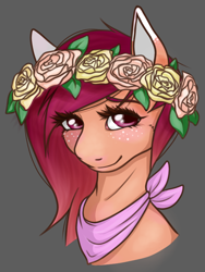 Size: 600x800 | Tagged: safe, artist:lourita-shine, oc, oc only, pony, bust, female, floral head wreath, flower, freckles, gray background, simple background, smiling, solo