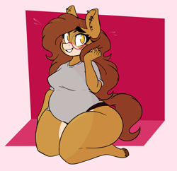 Size: 3609x3492 | Tagged: safe, artist:somefrigginnerd, oc, oc only, oc:pencil test, earth pony, anthro, unguligrade anthro, abstract background, bbw, clothes, comfy, cute, fat, freckles, glasses, panties, pretty, sitting, smiling, solo, thighs, thunder thighs, underwear, wide hips