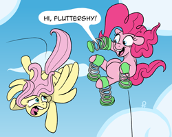 Size: 1803x1446 | Tagged: safe, artist:doodledonutart, fluttershy, pinkie pie, earth pony, pegasus, pony, g4, cartoon physics, comic, dialogue, duo, duo female, female, floppy ears, flying, looking at each other, looking at someone, mare, one-panel comic, open mouth, open smile, pinkie being pinkie, pinkie physics, signature, sky, smiling, speech bubble, springs, tail, wings
