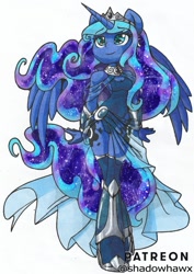Size: 851x1200 | Tagged: safe, artist:shadowhawx, princess luna, alicorn, anthro, g4, clothes, dress, female, smiling, solo, spread wings, traditional art, wings