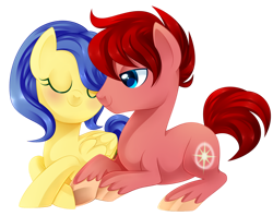 Size: 1024x811 | Tagged: safe, artist:xnightmelody, oc, oc only, oc:north star, oc:wineberry, earth pony, pegasus, pony, commission, commissioner:kirbs2002, duo, earth pony oc, eyes closed, female, male, oc x oc, pegasus oc, shipping, simple background, smiling, straight, transparent background
