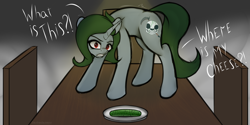 Size: 4096x2048 | Tagged: safe, artist:darbedarmoc, oc, oc:minerva, pony, unicorn, behaving like a cat, cat scared of cucumber, chair, cucumber, fog, food, green mane, looking at you, plate, red eyes, solo, table