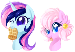 Size: 1024x706 | Tagged: safe, artist:xnightmelody, oc, oc only, oc:brightstar lumiere, pony, unicorn, bust, cute, duo, female, food, horn, mouth hold, one eye closed, simple background, syrup, tongue out, transparent background, unicorn oc, waffle