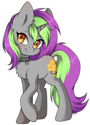 Size: 3299x4608 | Tagged: safe, artist:torihime, oc, oc only, oc:frenzy nuke, pony, unicorn, chest fluff, collar, cute, female, looking at you, mare, raised hoof, simple background, solo, transparent background