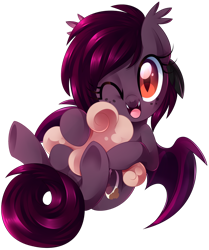Size: 900x1074 | Tagged: safe, artist:xnightmelody, oc, oc only, oc:dusky skies, bat pony, pony, bat pony oc, commission, commissioner:julianwilbury, cute, one eye closed, open mouth, simple background, solo, transparent background, wink