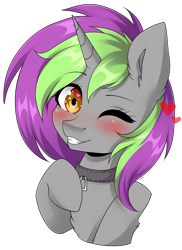 Size: 3311x4548 | Tagged: safe, artist:torihime, oc, oc only, oc:frenzy nuke, pony, unicorn, blushing, chest fluff, collar, cute, ear fluff, eyebrows, eyebrows visible through hair, eyelashes, female, floating heart, grin, heart, heart eyes, looking at you, mare, one eye closed, simple background, smiling, smiling at you, solo, transparent background, wingding eyes, wink, winking at you