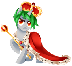 Size: 1024x938 | Tagged: safe, artist:xnightmelody, oc, oc only, pony, unicorn, cape, clothes, crown, horn, jewelry, king, male, regalia, scepter, simple background, solo, transparent background, unicorn oc