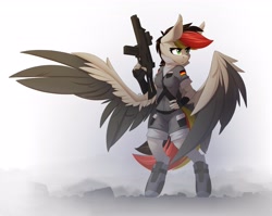 Size: 4096x3259 | Tagged: safe, alternate version, artist:n_thing, oc, oc only, oc:anja snow, pegasus, anthro, unguligrade anthro, anthro oc, assault rifle, belt, big ears, breasts, cheek fluff, clothes, colored wings, elbow fluff, eyebrows, eyebrows visible through hair, eyelashes, fang out, fangs, fingerless gloves, flag, gloves, gray coat, green eyes, ground, gun, hand on hip, high res, hock fluff, hoof shoes, large wings, looking sideways, military pony, military uniform, multicolored hair, multicolored tail, pegasus oc, pocket, rifle, scope, shorts, signature, solo, spread wings, tail, two toned wings, uniform, wall of tags, weapon, wings