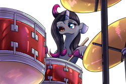 Size: 1800x1200 | Tagged: safe, artist:thescornfulreptilian, oleander (tfh), classical unicorn, pony, unicorn, them's fightin' herds, cloven hooves, community related, drum kit, drums, horn, musical instrument, simple background, solo, transparent background, unshorn fetlocks