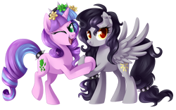 Size: 1024x639 | Tagged: safe, artist:xnightmelody, oc, oc only, pegasus, pony, unicorn, duo, female, floral head wreath, flower, horn, one eye closed, open mouth, pegasus oc, simple background, smiling, transparent background, unicorn oc, wink