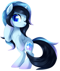 Size: 1024x1213 | Tagged: safe, artist:xnightmelody, oc, oc only, oc:stardust, pony, unicorn, bipedal, female, full body, hooves, horn, mare, one eye closed, shading, simple background, smiling, solo, standing, tail, transparent background, unicorn oc