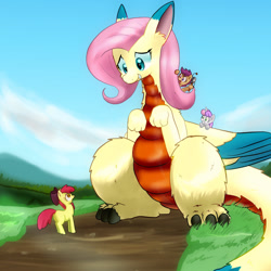 Size: 1000x1000 | Tagged: safe, artist:kushina13, apple bloom, fluttershy, scootaloo, sweetie belle, dragon, earth pony, pegasus, pony, unicorn, g4, butt, cutie mark crusaders, dragonified, flammie, flutterdragon, hoof hold, looking at each other, looking at someone, open mouth, open smile, plot, secret of mana, smiling, species swap, translation request