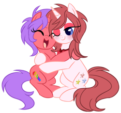 Size: 1024x954 | Tagged: safe, artist:xnightmelody, oc, oc only, oc:lilly, oc:nicole colours, pony, unicorn, blushing, cute, duo, duo female, eyes closed, female, hooves, horn, hug, mare, mother and daughter, ocbetes, one eye closed, open mouth, open smile, simple background, smiling, tail, transparent background, unicorn oc