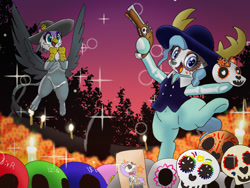 Size: 800x600 | Tagged: safe, artist:kushina13, gabby, petunia paleo, earth pony, griffon, pony, g4, calaverita (sugar skull), candle, catrina (calavera garbancera), dia de los muertos, duo, face paint, female, gun, mare, skull, sparkles, stars, sugar skull, weapon