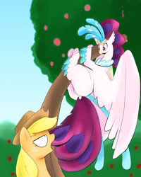 Size: 1024x1280 | Tagged: safe, artist:kushina13, applejack, queen novo, classical hippogriff, earth pony, hippogriff, pony, g4, my little pony: the movie, apple, apple tree, applejack's hat, behaving like a bird, butt, cowboy hat, cute, duo, female, freckles, hat, hippogriffs doing bird things, implied anus, implied labia, looking at each other, looking at someone, mare, novobetes, pinpoint eyes, plot, queen novass, tree
