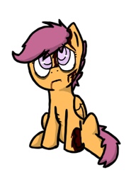 Size: 233x315 | Tagged: safe, artist:arkypony, scootaloo, pegasus, pony, undead, zombie, g4, bleeding, blood, cut, female, filly, foal, looking up, messy mane, messy tail, simple background, sitting, solo, tail, torn ear, tumblr:ask zombie scoots, white background, zombie scoots