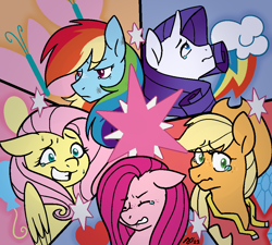 Size: 1000x899 | Tagged: safe, artist:/d/non, applejack, fluttershy, pinkie pie, rainbow dash, rarity, earth pony, pegasus, pony, unicorn, g4, magical mystery cure, my little pony: friendship is magic, a true true friend, crying, februpony, female, grin, implied twilight sparkle, mare, pinkamena diane pie, remane five, sad, smiling, sweat, what my cutie mark is telling me, wide eyes, worried smile