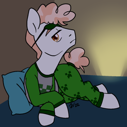 Size: 1000x1000 | Tagged: safe, artist:/d/non, svengallop, earth pony, pony, g4, clothes, creeper, crossed hooves, februpony, frown, looking at you, male, minecraft, pajamas, pillow, stallion