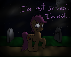 Size: 1280x1024 | Tagged: safe, artist:arkypony, scootaloo, pegasus, pony, g4, alternate cutie mark, dialogue, female, filly, floppy ears, foal, gravestone, graveyard, moon, night, path, raised hoof, scared, solo, tumblr:ask zombie scoots, walking