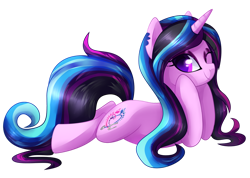 Size: 1024x729 | Tagged: safe, artist:xnightmelody, oc, oc only, oc:mardelia, pony, unicorn, female, horn, lying down, one eye closed, prone, simple background, solo, transparent background, unicorn oc, wink