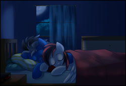 Size: 1024x700 | Tagged: safe, artist:xnightmelody, oc, oc only, pony, bed, duo, eyes closed, female, male, moon, night, oc x oc, shipping, sleeping, smiling, window