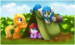 Size: 1024x613 | Tagged: safe, artist:xnightmelody, oc, oc only, earth pony, pony, bipedal, camping, earth pony oc, female, filly, foal, grass, hat, tent, top hat, trio