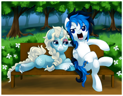 Size: 1024x800 | Tagged: safe, artist:xnightmelody, oc, oc only, pegasus, pony, unicorn, bench, commission, commissioner:snowspelll, duo, faic, female, horn, male, oc x oc, open mouth, park, pegasus oc, shipping, tree, unicorn oc
