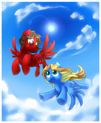Size: 2984x3600 | Tagged: safe, artist:xnightmelody, oc, oc only, pegasus, pony, cloud, commission, commissioner:fleetingmemories, duo, female, flying, high res, male, pegasus oc, sky