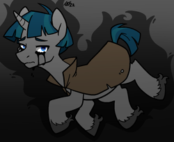 Size: 999x815 | Tagged: safe, artist:/d/non, stygian, pony, unicorn, g4, black tears, cloak, clothes, crying, februpony, gray background, male, sad, short tail, simple background, solo, stallion, tail, unshorn fetlocks