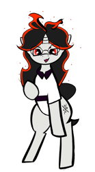 Size: 600x1080 | Tagged: safe, artist:redurora, oc, oc only, unnamed oc, pony, unicorn, bipedal, black mane, black tail, clothes, eyebrows, female, glasses, horn, long hair, long mane, looking at you, mane of fire, mare, open mouth, open smile, red eyes, simple background, smiling, smiling at you, solo, tail, transparent background, unicorn oc