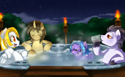 Size: 1024x635 | Tagged: safe, artist:xnightmelody, oc, oc only, pegasus, pony, unicorn, curved horn, eyes closed, horn, hot tub, male, pegasus oc, relaxing, torch, unicorn oc
