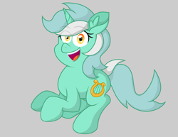 Size: 3249x2511 | Tagged: safe, artist:background basset, artist:threetwotwo32232, lyra heartstrings, pony, unicorn, g4, collaboration, ear fluff, female, full body, gray background, happy, high res, hooves, horn, mare, open mouth, open smile, shading, simple background, smiling, solo, tail