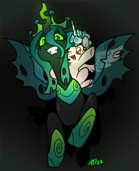 Size: 811x997 | Tagged: safe, artist:/d/non, cozy glow, queen chrysalis, alicorn, changeling, pony, g4, alicornified, black background, cozy glow riding chrysalis, cozycorn, crown, duo, februpony, female, filly, foal, glowing, glowing eyes, green eyes, grin, jewelry, open mouth, open smile, ponies riding changelings, race swap, regalia, simple background, smiling