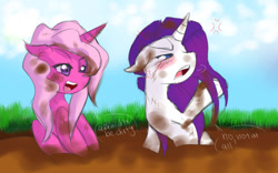 Size: 900x563 | Tagged: safe, artist:xnightmelody, rarity, oc, pony, unicorn, g4, cross-popping veins, duo, female, horn, mud, unicorn oc