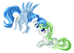 Size: 1024x732 | Tagged: safe, artist:xnightmelody, oc, oc only, pegasus, pony, unicorn, duo, female, floating, grin, horn, lying down, pegasus oc, prone, simple background, smiling, spread wings, transparent background, unicorn oc, wings