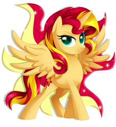 Size: 1024x1127 | Tagged: safe, artist:xnightmelody, sunset shimmer, alicorn, pony, g4, alicornified, backwards cutie mark, cutie mark background, female, race swap, shimmercorn, simple background, smiling, smirk, solo, spread wings, sunshine shimmer, transparent background, wings