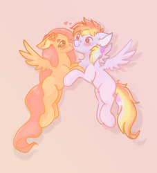 Size: 1920x2111 | Tagged: safe, artist:nyota71, fluttershy, rainbow dash, pegasus, pony, g4, bandaid, blushing, chest fluff, duo, elbow fluff, female, floppy ears, flower, flower in hair, heart, high res, lesbian, looking at each other, looking at someone, mare, missing cutie mark, pink background, ship:flutterdash, shipping, simple background, smiling, spread wings, teary eyes, wings