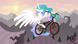 Size: 1920x1080 | Tagged: safe, artist:mcflurrylazermuffin, princess celestia, alicorn, pony, g4, bicycle, eyes closed, female, horn, large wings, long horn, mare, mountain, mountain range, outdoors, slender, solo, spread wings, stylized, sun, thin, wings